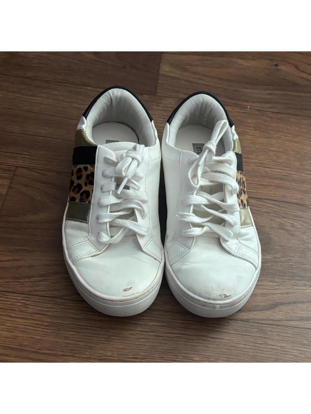 Steve Madden Fone White and Leopard Print Women's Sneakers Casual Everyday FLAWS